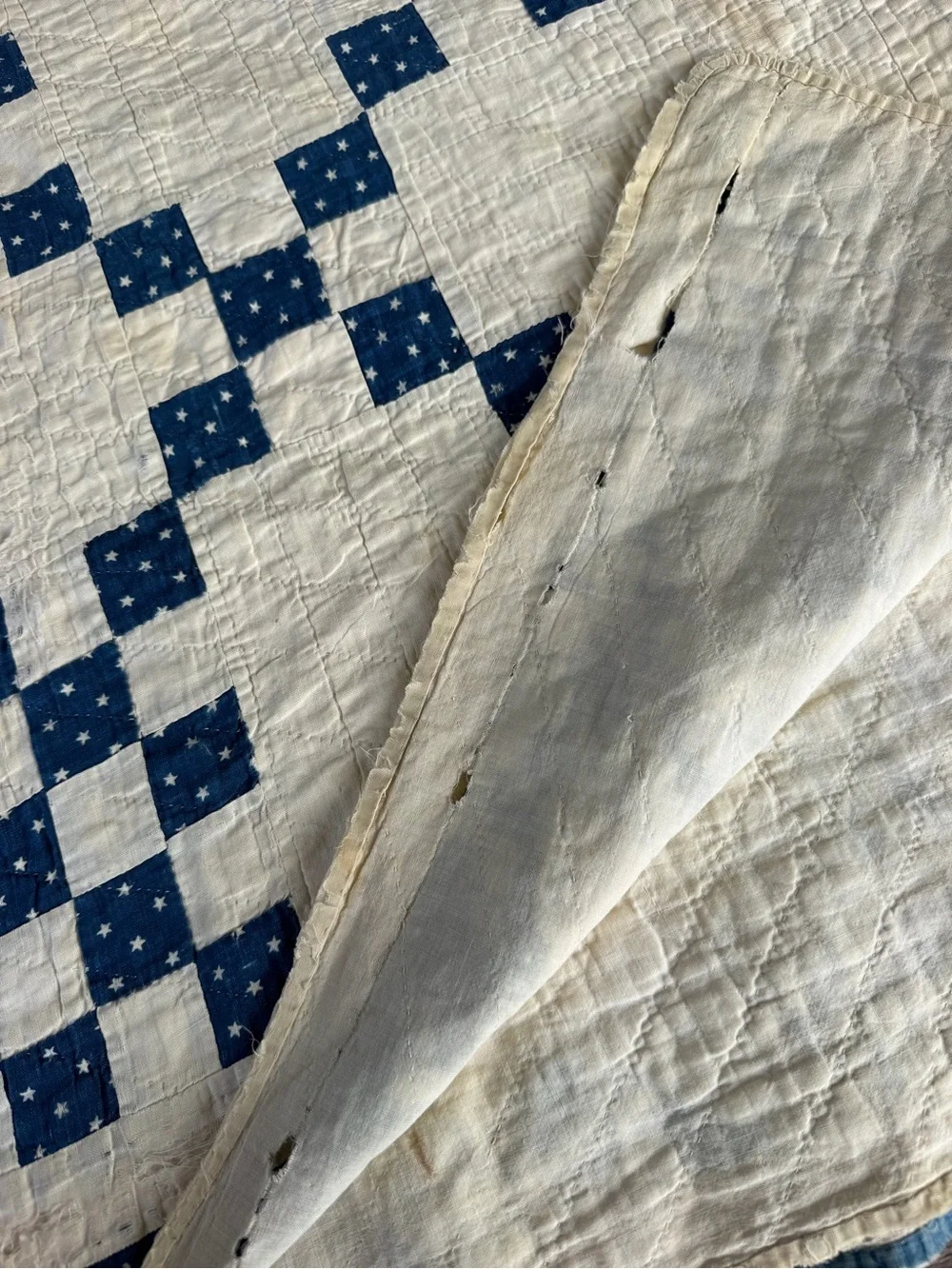 VTG Irish Chain Quilt Blue White Stars Soft Gauzy Cotton 1940s Cutter 70x75
